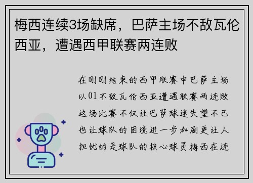 梅西连续3场缺席，巴萨主场不敌瓦伦西亚，遭遇西甲联赛两连败